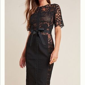 Anthropologie Black Lace Midi Dress with Ribbon Waist